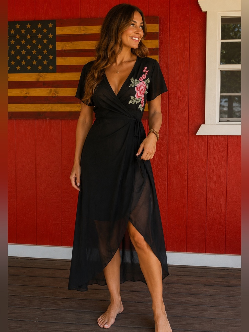 Libian Black Wrap with Pink Floral Embroidery